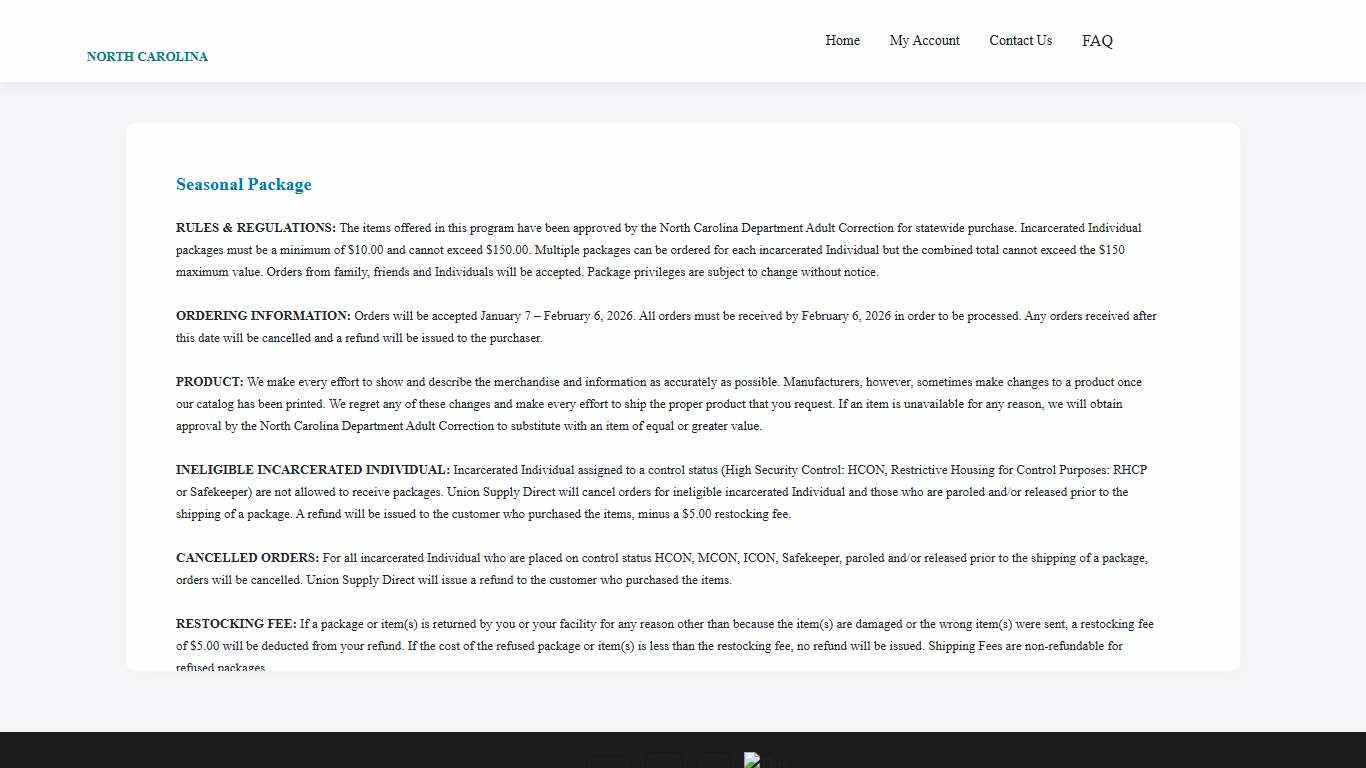 Union Supply Direct - North Carolina Inmate Package - Rules and Regulations