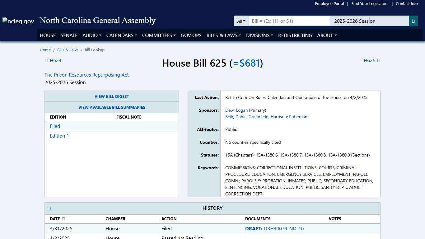 House Bill 625 (2025-2026 Session) - North Carolina General Assembly