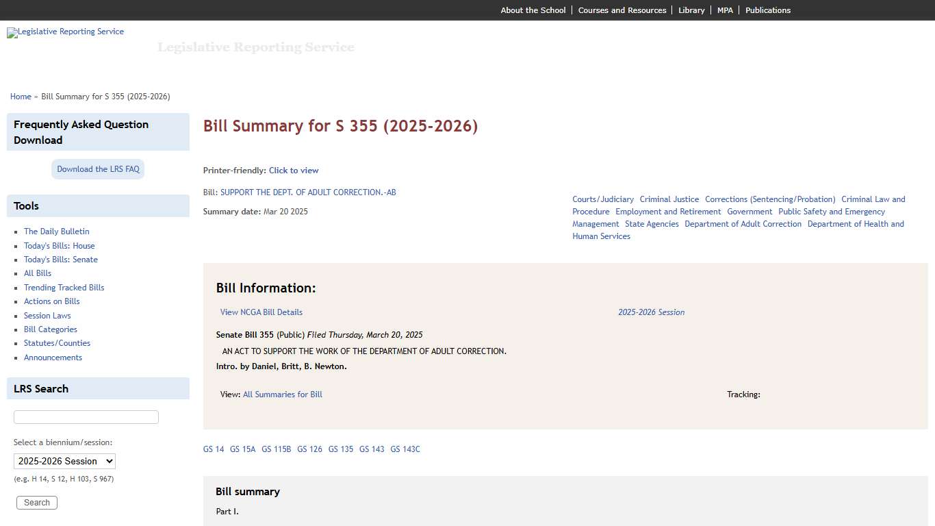 Bill Summary for S 355 (2025-2026) | Legislative Reporting Service