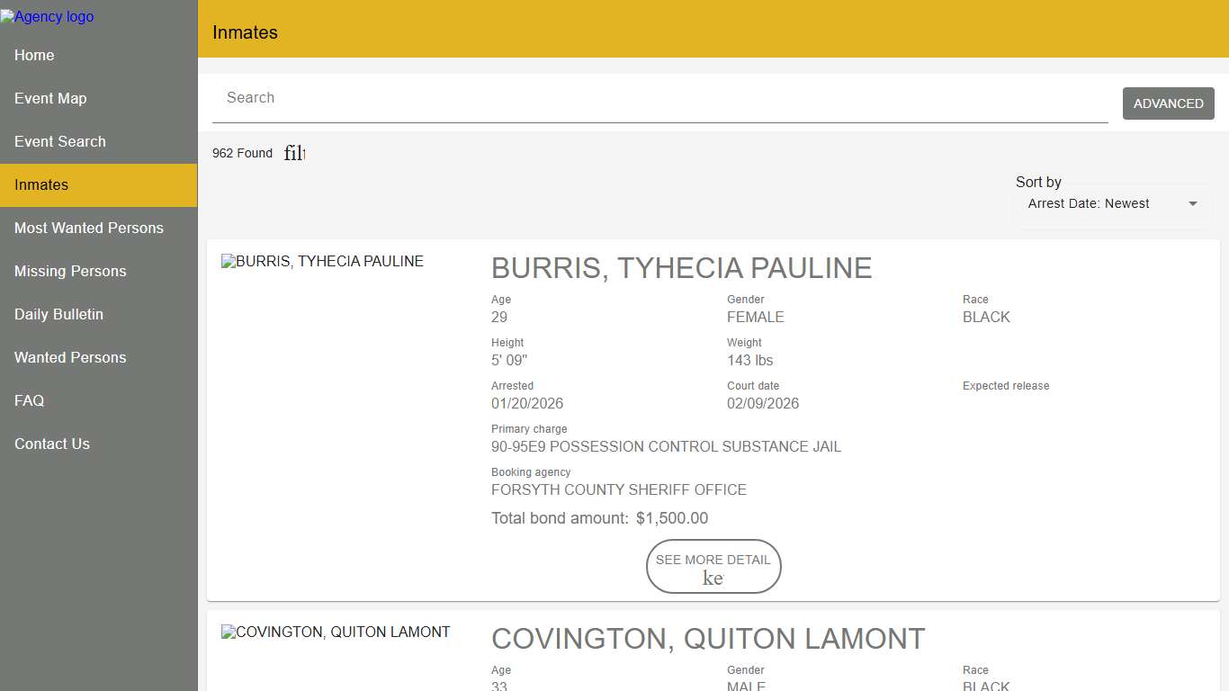 Forsyth County Sheriff's Office | Police to Citizen - Inmates catalog