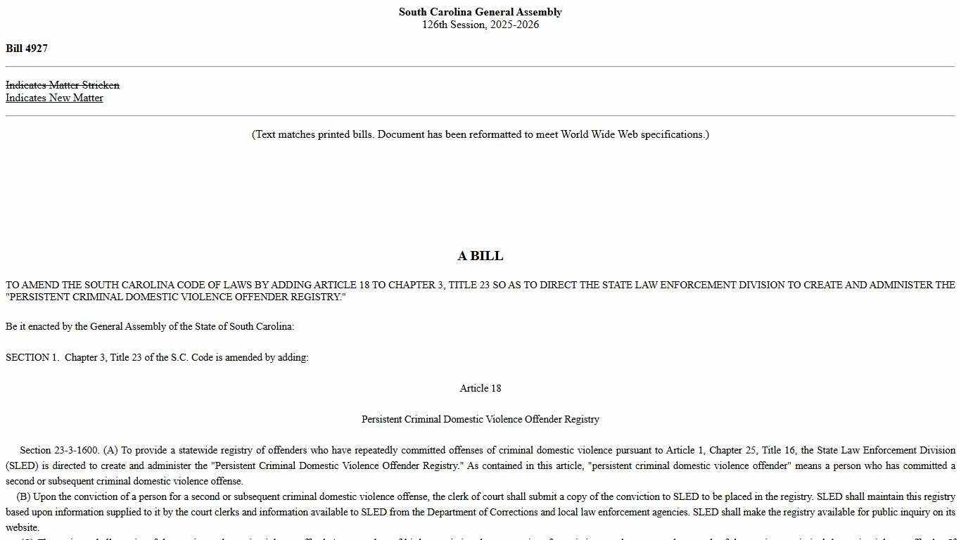 2025-2026 Bill 4927 Text of Previous Version (Jan. 14, 2026) - South Carolina Legislature Online